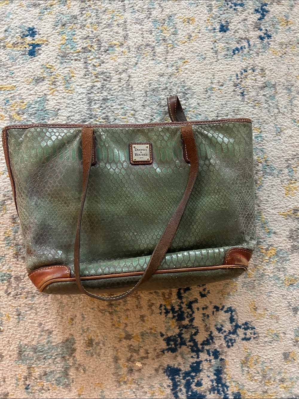 Vintage Dooney & Bourke Green Snake-Embossed Tote with Brown Trim and Straps